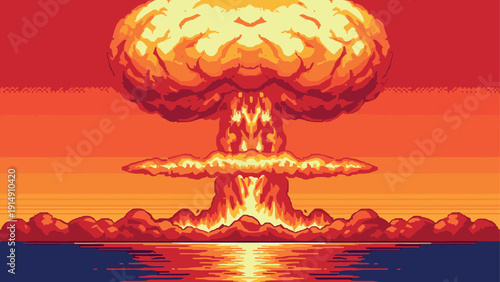 Retro pixel art mushroom cloud explosion at sunset over water scene