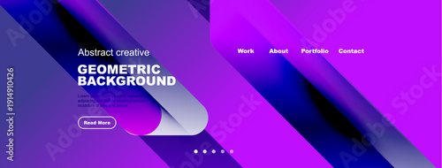 Abstract geometric background design. Vibrant blue, purple hues dominate. Website header with navigation options present. Minimalist aesthetic.