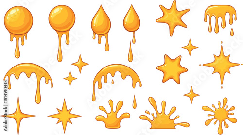 Golden Honey Drips and Splashes Vector Collection with Glossy Liquid Drops and Star Bursts Isolated on White Background