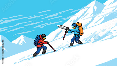 Pixel art adventure: climbers conquering snowy mountain summit