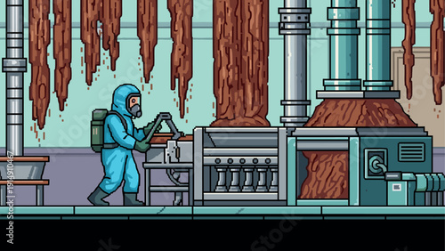 Pixel art factory scene with worker in hazmat suit operating machinery