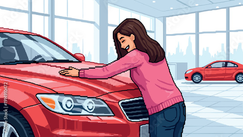 Pixel art happy woman embracing red car in showroom setting