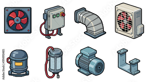 Isometric hvac icons: air conditioning and ventilation equipment set