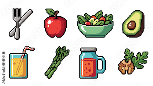 Retro pixel art of healthy foods and drinks with vibrant colors