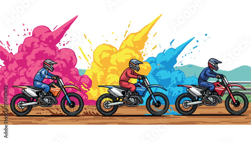 Pixel art motocross race with colorful explosions in dynamic style