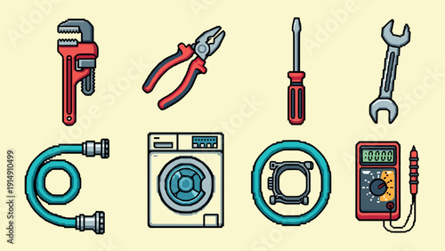 Pixel art tools and appliances: wrench, pliers, screwdriver, washing machine, hose, gauge, meter