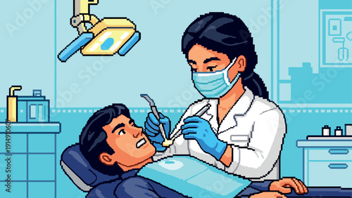 Dental health care: dentist treating patient in retro pixel art style