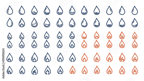 Clean line art icons representing water drops and flames, symbolizing elements, balance, or the contrast between cool and hot, in blue and orange.