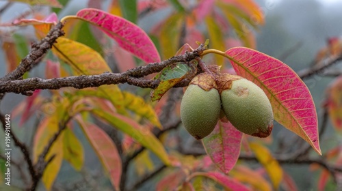 Two developing almond fruits with vibrant red and pink leaves on a tree branch in autumn
