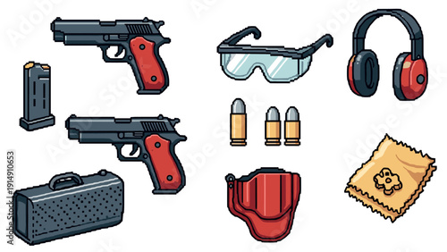 Pixel art gaming elements: guns, ammunition, headphones, glasses, and accessories