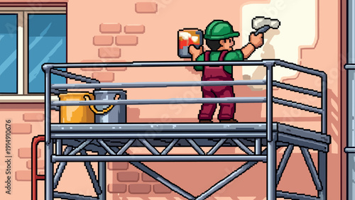 Retro pixel art: painter on scaffold renovating building exterior