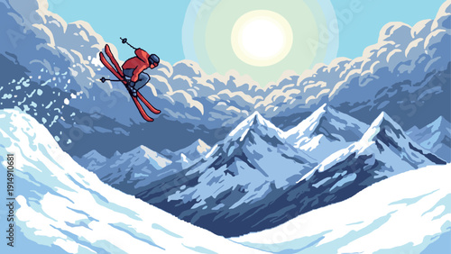 Pixel art skier jumping in snowy mountain landscape under sunny sky