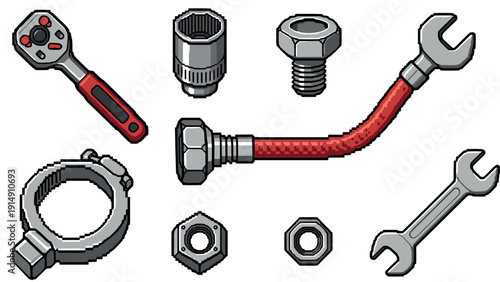 Pixel art tools with wrenches and bolts on white background