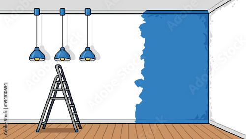 Interior room renovation with blue wall painting and ladder setup