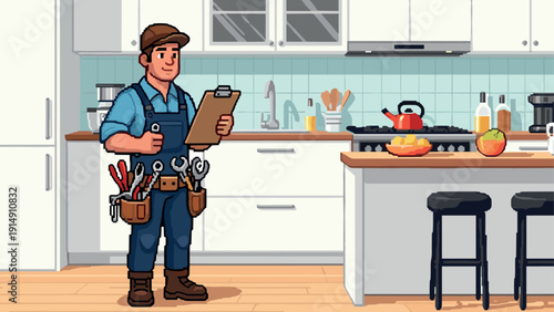 Pixel art handyman checking kitchen with tools standing by modern clean interior