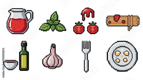 Retro pixel art icons of italian cuisine ingredients and utensils