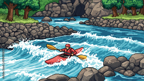 Kayaker navigating rapid waters in a scenic mountain landscape