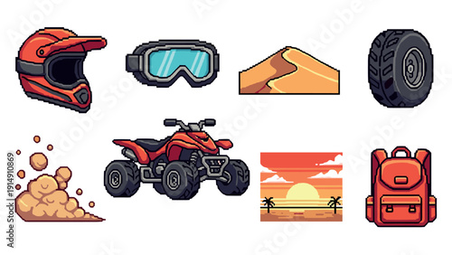 Adventure set: quad bike icons with desert and sunset elements in pixel art style