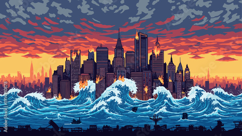 Apocalyptic pixel art cityscape with fiery sunset and turbulent ocean waves