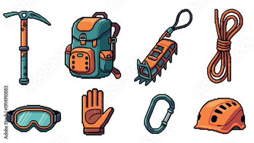 Retro pixel art icons of mountaineering equipment