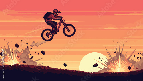 Pixel art cyclist jumping at sunset with explosions in background