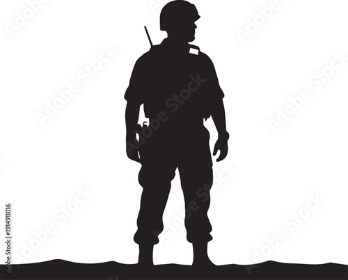 Army soldier silhouette illustration standing on ground horizon line art vector background