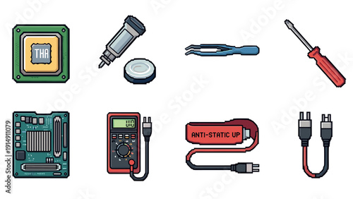 Collection of retro pixel art electronics and tools for technology projects