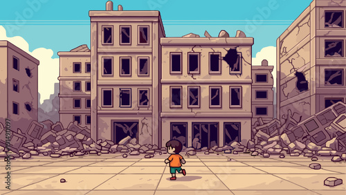 Retro pixel art of a child facing abandoned ruined buildings