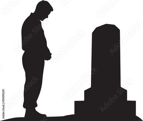 Man standing by a tombstone vector silhouette illustration line art on transparent background