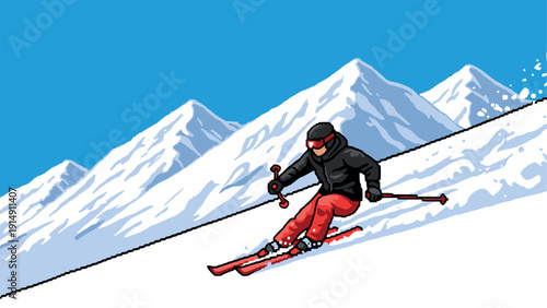 Dynamic skiing adventure in vibrant pixel art style on pristine mountain slopes