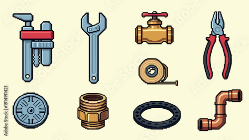Retro pixel art tools and plumbing equipment set