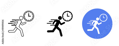 Time management icons: dynamic running figure with clock variations