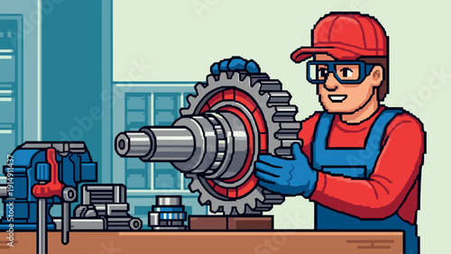 Pixel art mechanic assembling gear in workshop: retro tech engineering scene