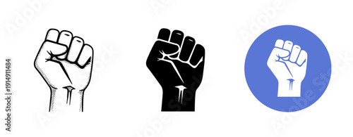 Diverse fist icons: black and white variations, blue circle emblem
