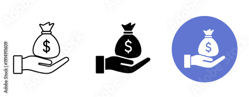 Money bag icons in hand: minimalist black and white and blue circle versions