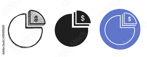 Three pie chart icons featuring dollar signs in black and blue