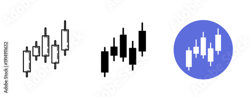 Candlestick chart icons in black and white with blue circle design