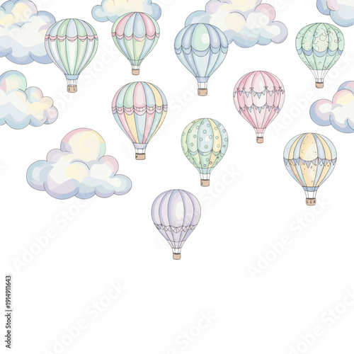 Watercolor illustration of pastel hot air balloons and fluffy clouds on white background.
