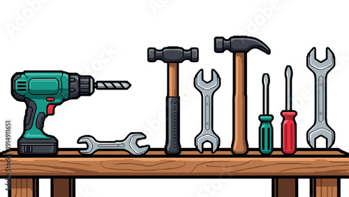 Diverse collection of tools on a wooden workbench for home diy projects