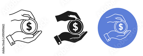 Minimalist black and white hand holding dollar coin icons