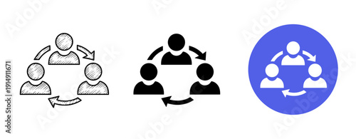 Teamwork collaboration icons set featuring human figures and arrows in different styles