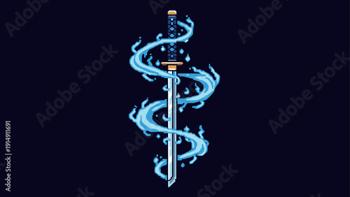 Pixel art sword with blue ethereal swirls on dark background