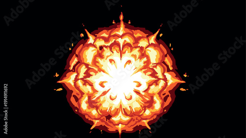 Explosive pixel art fireball with fiery burst and symmetrical design in retro style