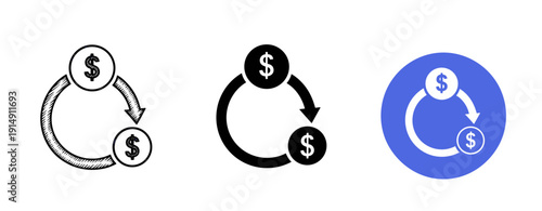 Currency exchange symbols: sketch, solid, color circle designs