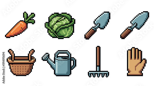 Pixel art gardening icons set featuring tools and vegetables