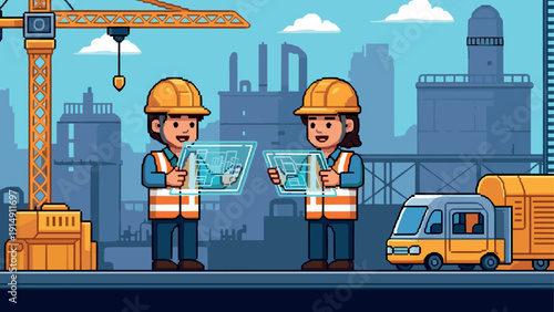Pixel art construction site with engineers and machinery in urban setting