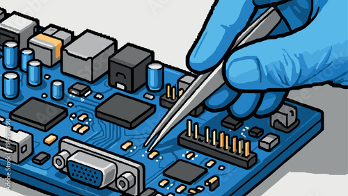 Precision electronics repair featuring blue printed circuit board with tweezers in isometric design