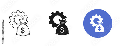 Gear and money bag icons: financial and operational symbols in black and blue