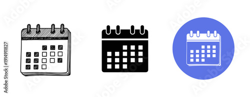 Set of three calendar icons in different styles on white background
