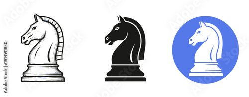 Chess knight illustrations: three black and white icons with blue variant